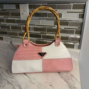 Vintage shoulder hand bag croc embossed bamboo handles pink white designer insp
